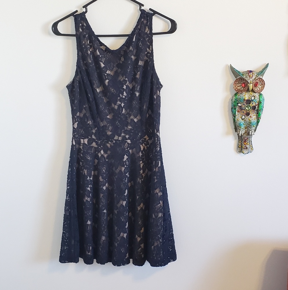 Navy lace midi fit and flare dress